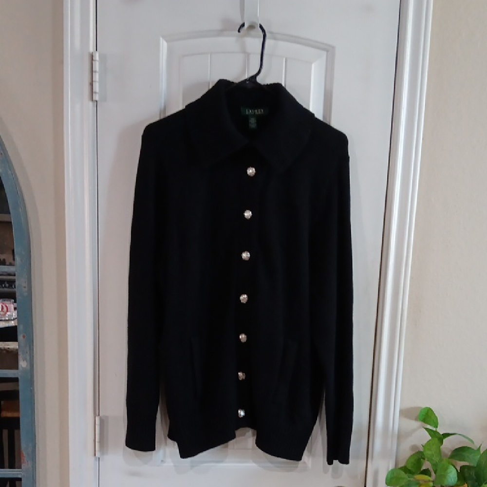 Lauren Ralph Lauren Black & Silver Cardigan w Convertible Collar
